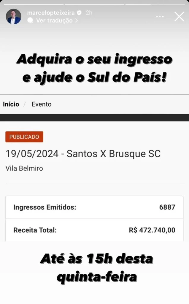 ingressos vendidos Santos x Brusque