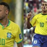 Rivaldo, em 2002, e Neymar, em 2023, pela seleção brasileira — Foto: Getty Images