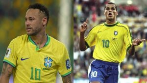 Rivaldo, em 2002, e Neymar, em 2023, pela seleção brasileira — Foto: Getty Images